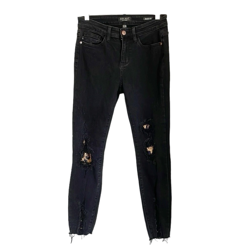 Judy Blue Skinny Fit Black Raw Hem Distressed Leopard Patch Jeans size 3/26